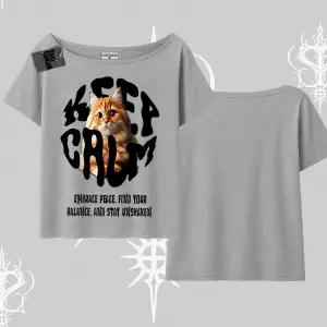 Keep Calm Yazılı Kedi Baskılı Streetwear Kayık Yaka Tshirt