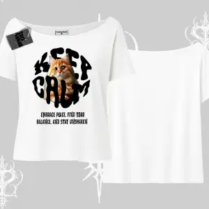 Keep Calm Yazılı Kedi Baskılı Streetwear Kayık Yaka Tshirt