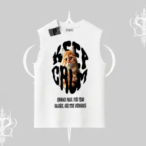 Keep Calm Yazılı Kedi Baskılı Streetwear Kolsuz Tshirt
