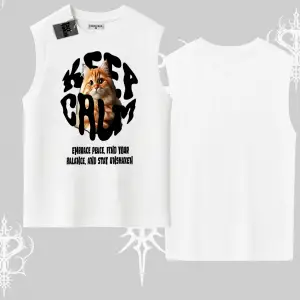 Keep Calm Yazılı Kedi Baskılı Streetwear Kolsuz Tshirt