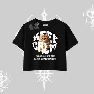 Keep Calm Yazılı Kedi Baskılı Streetwear Oversize Crop Tshirt