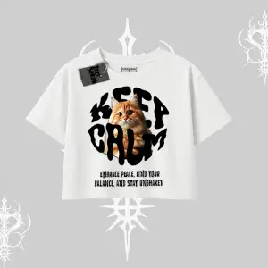 Keep Calm Yazılı Kedi Baskılı Streetwear Oversize Crop Tshirt