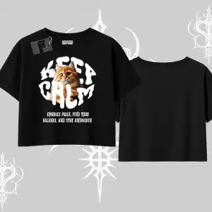 Keep Calm Yazılı Kedi Baskılı Streetwear Oversize Crop Tshirt