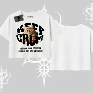 Keep Calm Yazılı Kedi Baskılı Streetwear Oversize Crop Tshirt