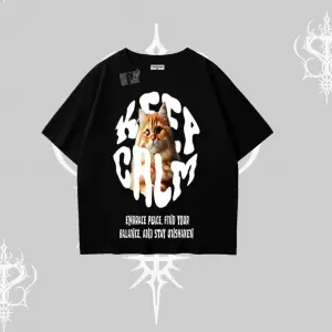 Keep Calm Yazılı Kedi Baskılı Streetwear Oversize Tshirt
