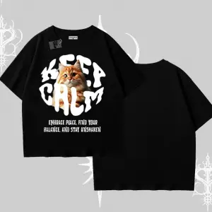 Keep Calm Yazılı Kedi Baskılı Streetwear Oversize Tshirt