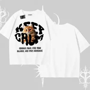 Keep Calm Yazılı Kedi Baskılı Streetwear Oversize Tshirt