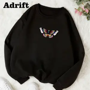 Kelebek 3 Renkli Oversize Bisiklet Yaka Pamuklu Sweatshirt Siyah