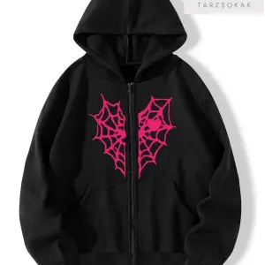 Kırmızı Kalp Örümcek Ağ Sweatshirt Fermuarlı Hırka Siyah