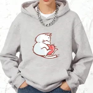 Kırmızı Kalpli Kedi Baskılı Kapüşonlu Sweatshirtler Pamuklu Kadın Eşofman Cepli Kazak Sportif