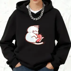 Kırmızı Kalpli Kedi Baskılı Kapüşonlu Sweatshirtler Pamuklu Kadın Eşofman Cepli Kazak Sportif