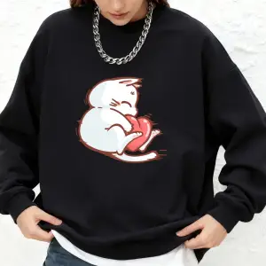 Kırmızı Kalpli Kedi Baskılı Sweatshirt Kadın Günlük Bol Jogger Kapüşonlu Sonbahar Uzun Kollu