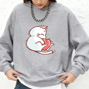 Kırmızı Kalpli Kedi Baskılı Sweatshirt Kadın Günlük Bol Jogger Kapüşonlu Sonbahar Uzun Kollu