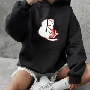 Kırmızı Kalpli Kedi Baskılı Sweatshirtler Kadın Günlük Bol Kapüşonlu Üstler Kışlık Polar Sıca