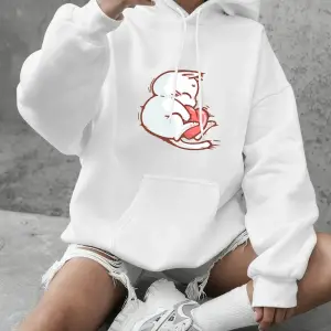 Kırmızı Kalpli Kedi Baskılı Sweatshirtler Kadın Günlük Bol Kapüşonlu Üstler Kışlık Polar Sıca