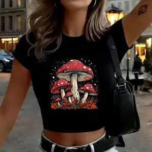 Kırmızı Mantar Kişilik Baskılı Kadın Babby Tees Yaz İnce O-Boyun Tişörtleri Yumuşak Kısa Kollu