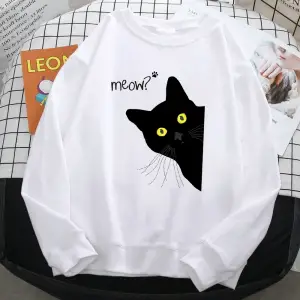 Kış Harajuku Kadın Kazak Miyav Siyah Kedi Baskı Hoodies Rahat Tüm Matematik Kazak Crewneck Ge