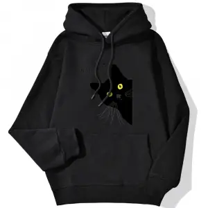 Kış Kadın Hoodies Miyav Siyah Kedi Baskılı Kazak Cep Damla Kollu Hoody Nefes Gevşek Tişörtü S
