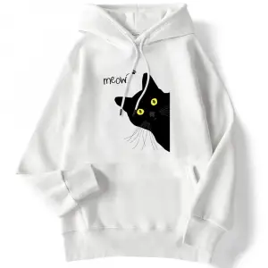Kış Kadın Hoodies Miyav Siyah Kedi Baskılı Kazak Cep Damla Kollu Hoody Nefes Gevşek Tişörtü S