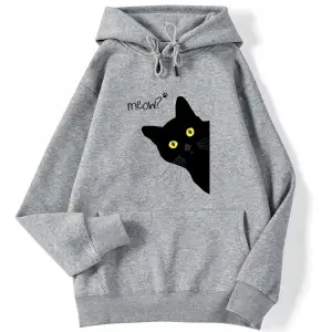 Kış Kadın Hoodies Miyav Siyah Kedi Baskılı Kazak Cep Damla Kollu Hoody Nefes Gevşek Tişörtü S