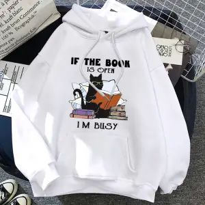 Kitap Açıksa Ben Meşgul Siyah Kedi Hoody Kadın Rahat Bisiklet Yaka Kapüşonlular Moda Bol Giys