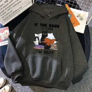 Kitap Açıksa Ben Meşgul Siyah Kedi Hoody Kadın Rahat Bisiklet Yaka Kapüşonlular Moda Bol Giys