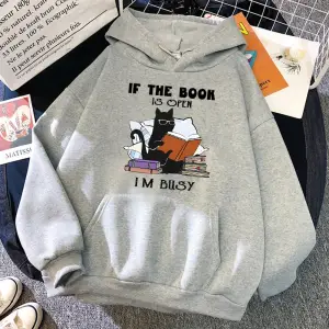 Kitap Açıksa Ben Meşgul Siyah Kedi Hoody Kadın Rahat Bisiklet Yaka Kapüşonlular Moda Bol Giys