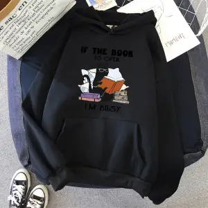 Kitap Açıksa Ben Meşgul Siyah Kedi Hoody Kadın Rahat Bisiklet Yaka Kapüşonlular Moda Bol Giys