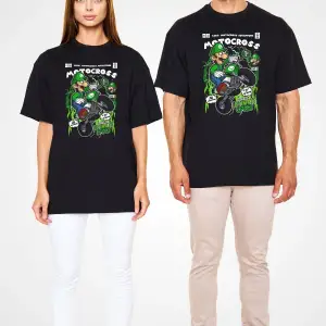 Ko Buta Luigi Motocross Baskılı Unisex Siyah Oversize Tişört Os17889
