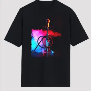 Ko Buta Nargile Baskılı Unisex Siyah Oversize T-shirt Os9944