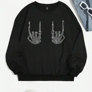 KOD ADR-SHEN EZwear Rhinestone Skeleton Finger Pattern Drop Shoulder Sweatshirt Siyah