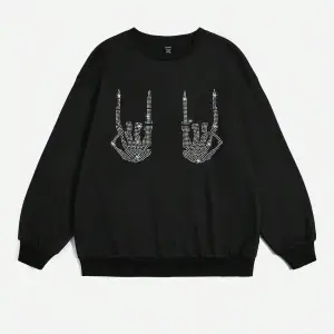 KOD ADR-SHEN EZwear Rhinestone Skeleton Finger Pattern Drop Shoulder Sweatshirt Siyah