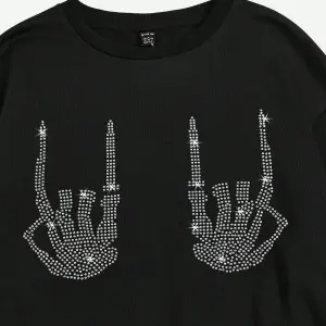 KOD ADR-SHEN EZwear Rhinestone Skeleton Finger Pattern Drop Shoulder Sweatshirt Siyah