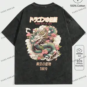 KOD Trend Anime erkek Anime Ejderha Baskı Yuvarlak Yaka Tişört, İlkbahar ve Yaz Aylarında Günlük