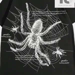 KOD Trend Goth Erkek Örümcek Desenli Bisiklet Yaka Tişört