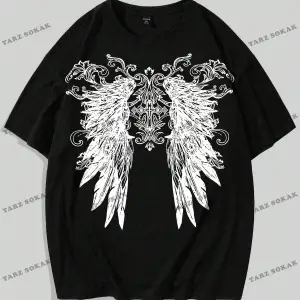 KOD Trend Grunge Punk Erkek Kanat Baskı Yuvarlak Yaka Tişört