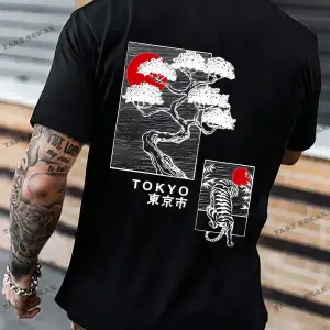 KOD Trend Homme Erkek Japon Harfli ve Ağaç Baskılı Tişört