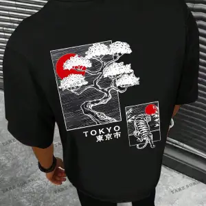 KOD Trend Homme Erkek Japon Harfli ve Ağaç Baskılı Tişört