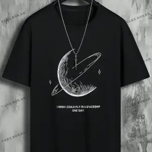 KOD Trend Hypemode Erkek Sloganı ve Gezegen Baskılı Tişört