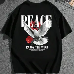 KOD Trend Hypemode Loose Men Plus Güvercin ve Slogan Baskılı Grafikli Tişört