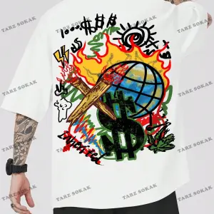 KOD Trend Street Life Erkek Karikatür ve Mektup Grafikli Tişört