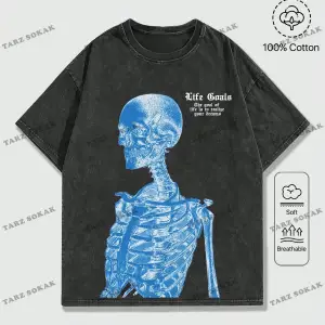 KOD Trend Street Life Erkek Slogan ve İskelet Baskı Damla Omuz Tişört