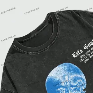 KOD Trend Street Life Erkek Slogan ve İskelet Baskı Damla Omuz Tişört