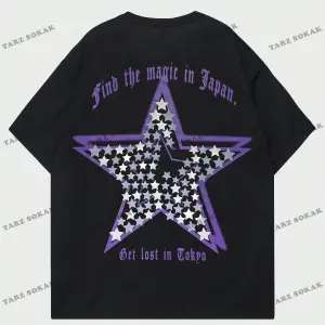 KOD Trend Street Life Erkek Slogan ve Yıldız Baskılı Damla Omuz Tişört