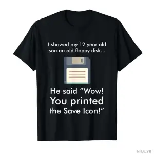 Komik Bilgisayar Uzmanı Disket Baskılı Kaydetme Simgesi Tişörtü Erkek Kadın %100 Pamuk Tişört