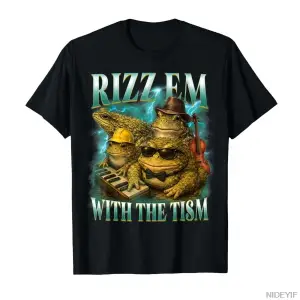 Komik Kurbağa Meme Rizz Em with The Tism Vintage Kurbağa Grafikli Tişört Erkekler Kadınlar i
