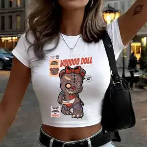 Komik Oyuncak Yaylı Ayı Karikatür Baskılı Kadın Babby Tee Yazlık Yuvarlak Yaka Dar Kesim Tişör