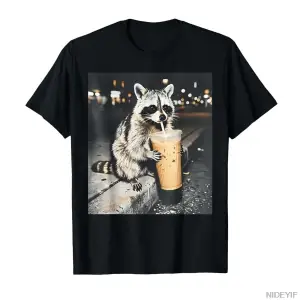 Komik Rakun Buzlu Kahve İçiyor Hayvan Meme T-shirt Erkekler Kadınlar Için % 100% Pamuk T Shir