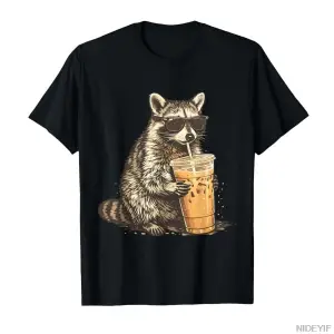 Komik Rakun Buzlu Kahve Komik Hayvan Grafik Alaycı T-shirt Erkekler Kadınlar Için % 100% Pamu