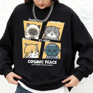 Kozmik Barış Amerika Kediler baskılı kapüşonlu svetşört Kadın Temel Jogger Sıcak Kazak Crewne